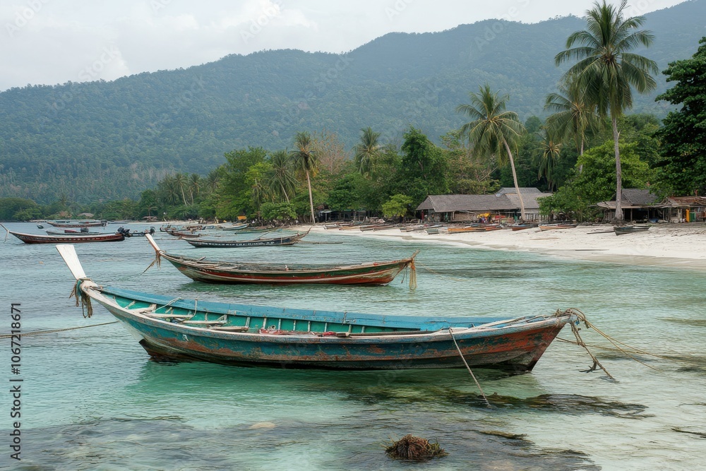 Scenic Thailand with long-tail boats on turquoise waters and mountain views Scenic Thailand with long-tail boats on turquoise waters and mountain views