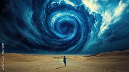 Surreal Landscape with Swirling Clouds and Figure