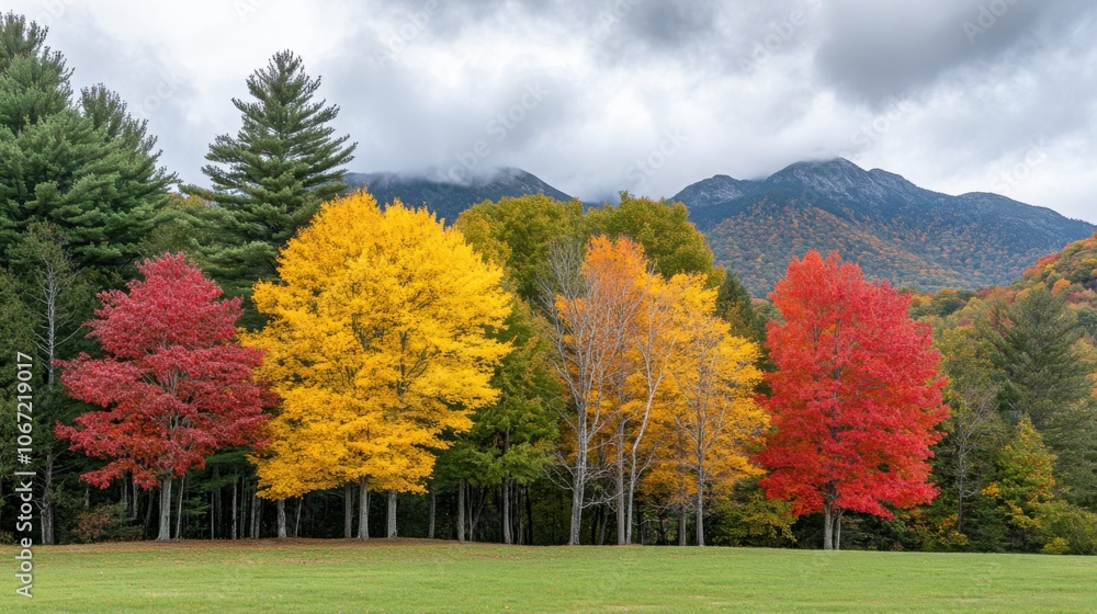 Colorful autumn trees stand amidst a lush green field with mountains and clouds in the background, showcasing the beauty of fall foliage. Colorful autumn trees stand amidst a lush green field with mountains and clouds in the background, showcasing the beauty of fall foliage.