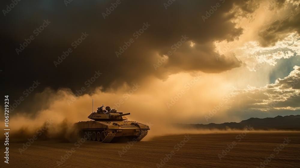 Fototapeta premium Tank Maneuvering Through Dusty Desert Landscape