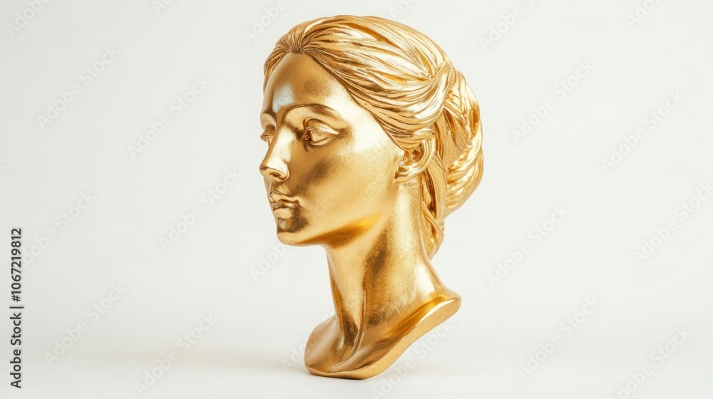Golden replica of Venus head sculpture, isolated with elegance on white, showcasing timeless art Golden replica of Venus head sculpture, isolated with elegance on white, showcasing timeless art