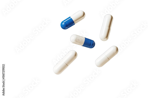 Antibiotic pill capsules flying on transparent background