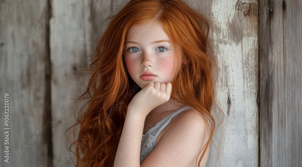 Fototapeta premium Adorable Young Girl Leaning Against Rustic Wall