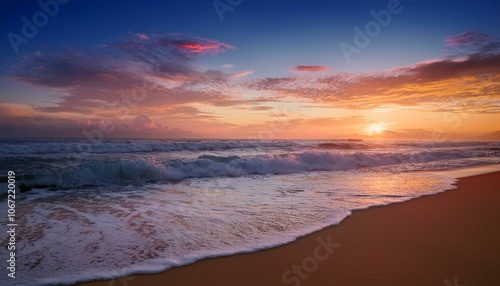 Waves on the beach at red sunset