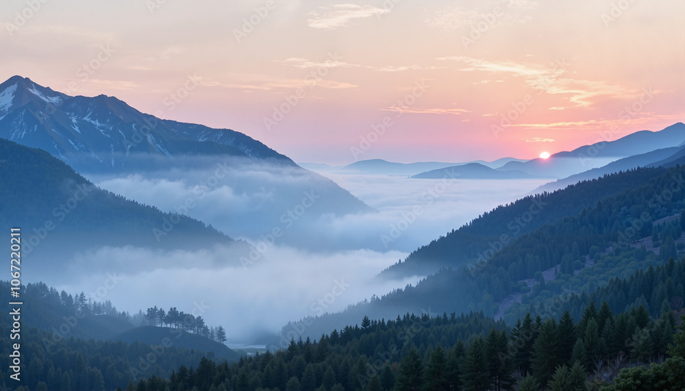 Obraz premium Misty mountain landscape at sunrise with colorful sky