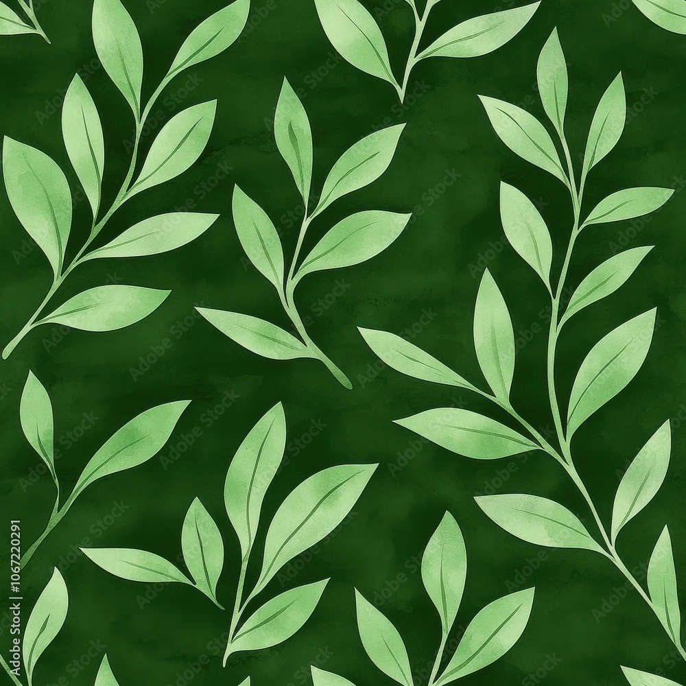 A seamless pattern featuring soft green leaves on a dark green background, creating a fresh and natural aesthetic. A seamless pattern featuring soft green leaves on a dark green background, creating a fresh and natural aesthetic.
