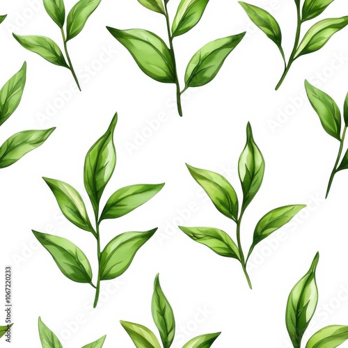 A vibrant pattern of green leaves against a white background, showcasing a fresh and natural aesthetic ideal for various design purposes.