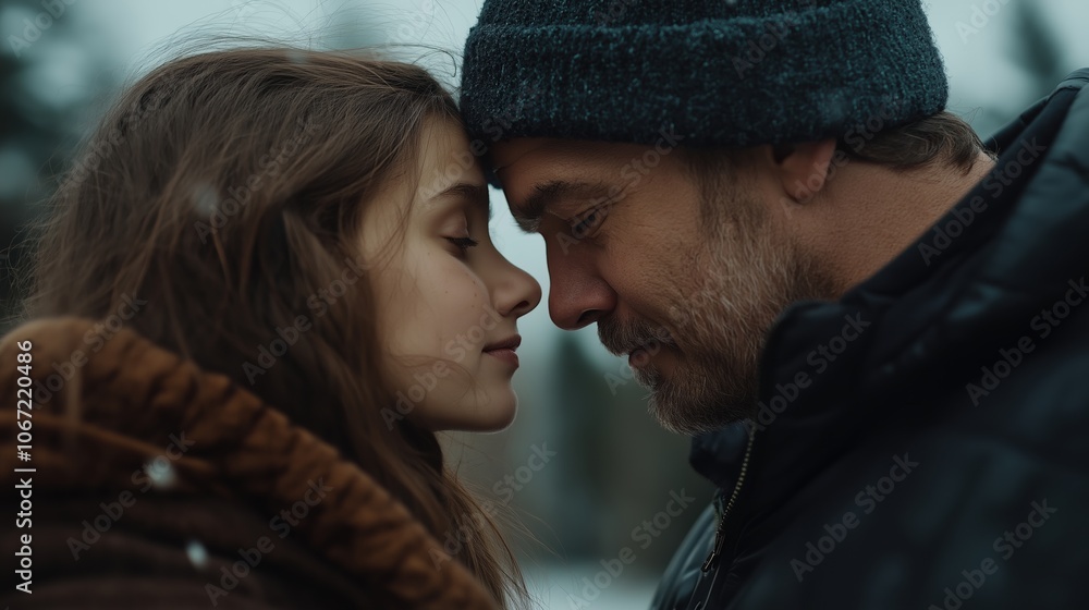 Couple close moment in winter clothes with fog background. Valentine's Day outdoor content Couple close moment in winter clothes with fog background. Valentine's Day outdoor content