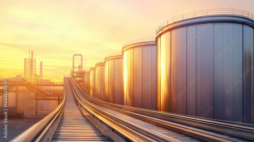 Fototapeta premium Industrial oil storage tanks at sunrise, modern factory scene