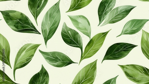 A pattern of various green leaves arranged on a light background, showcasing a natural and vibrant aesthetic.