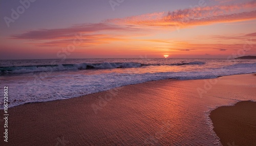 Waves on the beach at red sunset