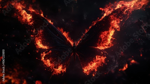 Burning butterfly wings isolated on black screen	
