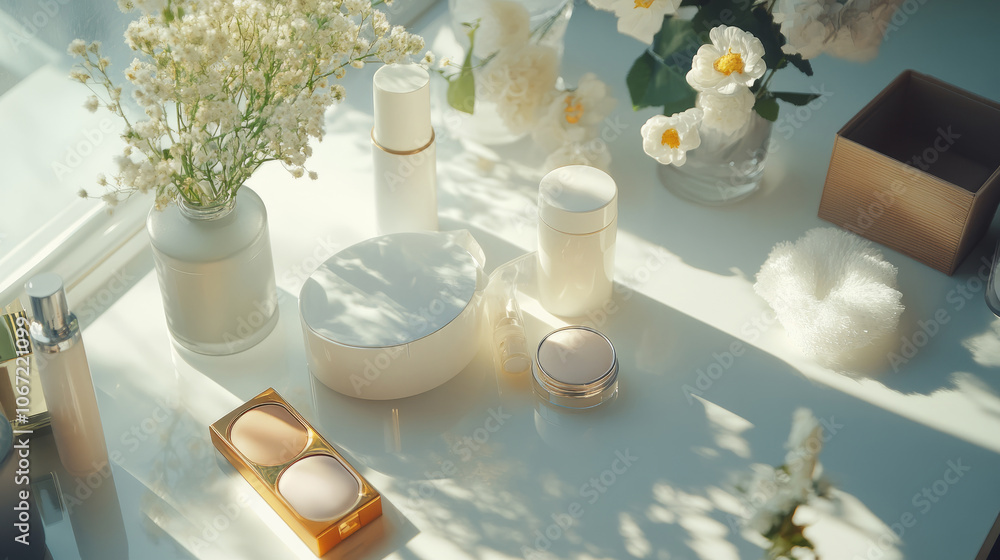 a white clean table with a lot of cosmetic products on it a white clean table with a lot of cosmetic products on it