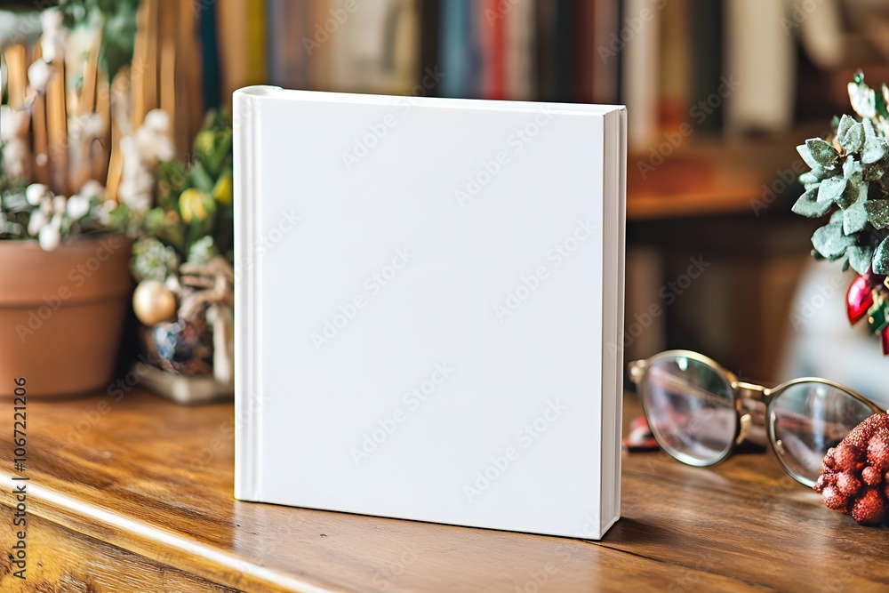 A White Blank Book on a Wooden Table with Glasses and Decorations A White Blank Book on a Wooden Table with Glasses and Decorations