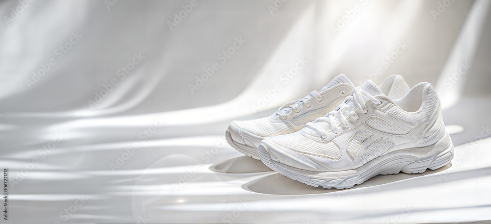 Minimalist white sneakers in bright sunlit ambiance for stylish footwear photography Minimalist white sneakers in bright sunlit ambiance for stylish footwear photography