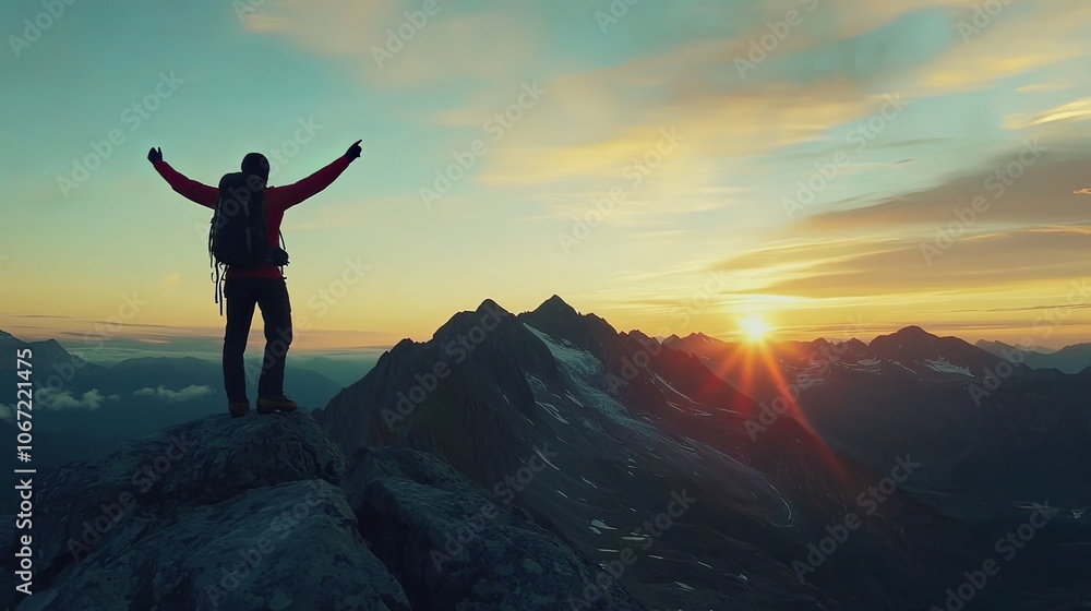 Silhouette of a hiker reaching mountain peak at sunrise, arms raised in triumph. Silhouette of a hiker reaching mountain peak at sunrise, arms raised in triumph.