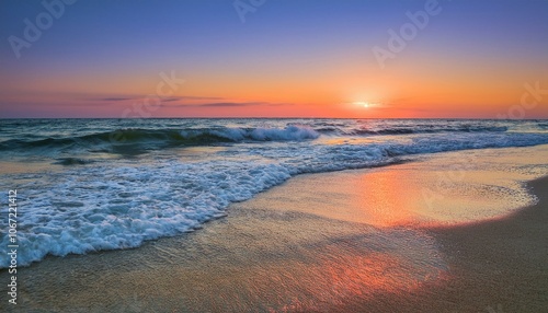 Waves on the beach at red sunset