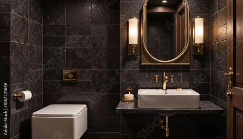 Luxurious dark bathroom with gold accents and mood lighting