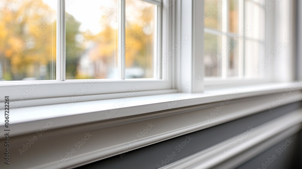 Close up of white window trim with blurred autumn leaves in the background. Close up of white window trim with blurred autumn leaves in the background.