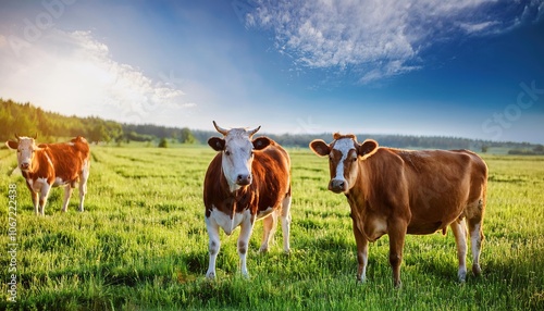 nature farm cows, grass field background, Fresh and Relax concept. For montage product display or design key visual layout. View of copy space