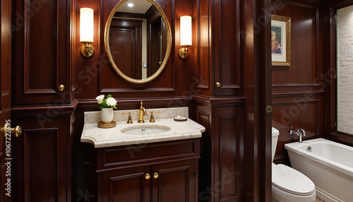 Luxurious dark wood bathroom with golden accents