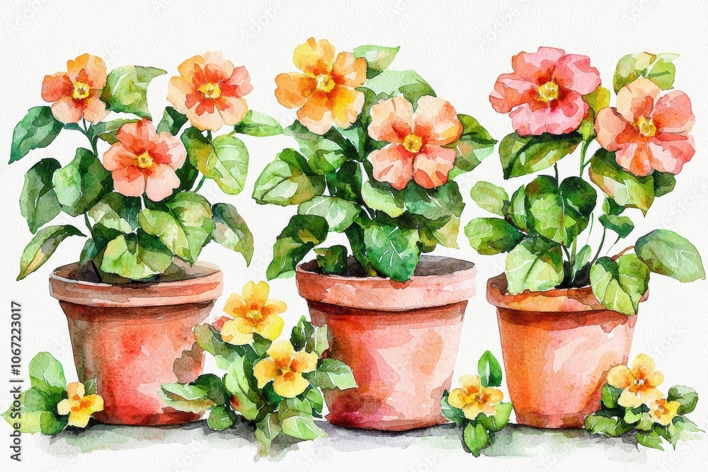 A vibrant watercolor painting of potted flowers with bright blooms and lush greenery, perfect for home decor or botanical art collections. A vibrant watercolor painting of potted flowers with bright blooms and lush greenery, perfect for home decor or botanical art collections.