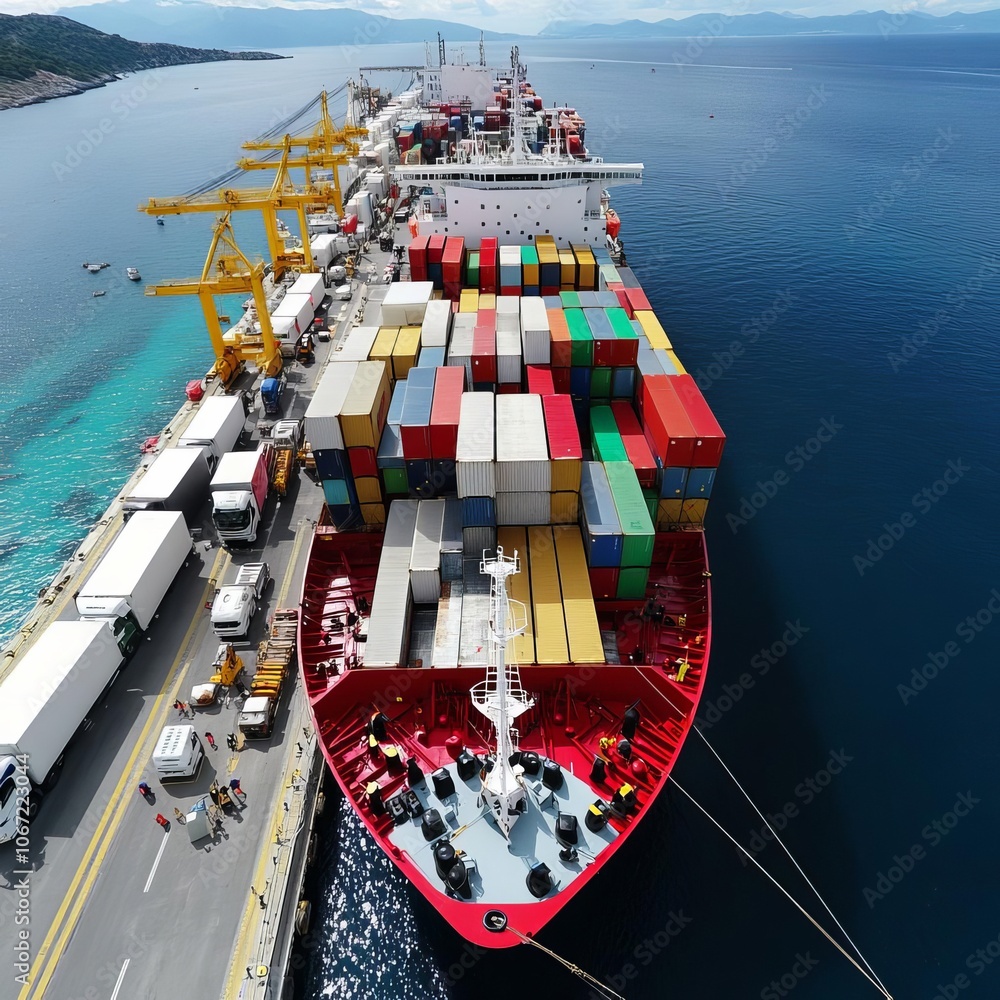 Fototapeta premium Cargo ship docked with trucks loading, multimodal transfer, efficient distribution