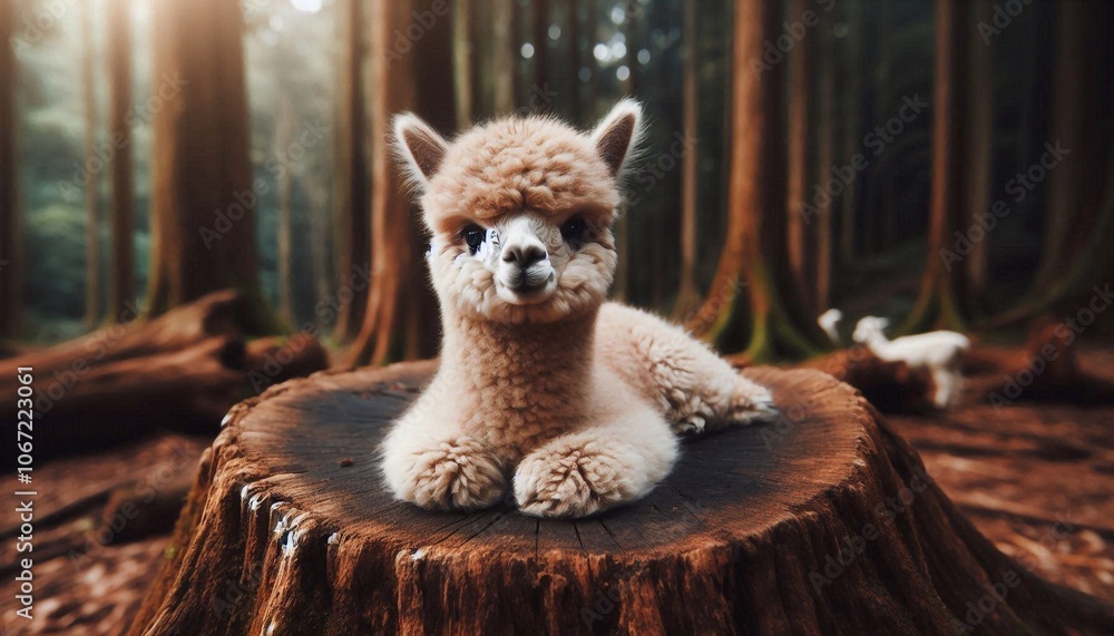 Naklejka premium kleines Alpaka chillt auf Baumstamm