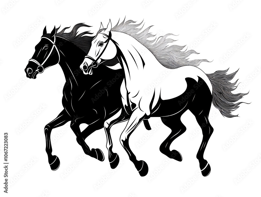 a black and white drawing of horses running a black and white drawing of horses running
