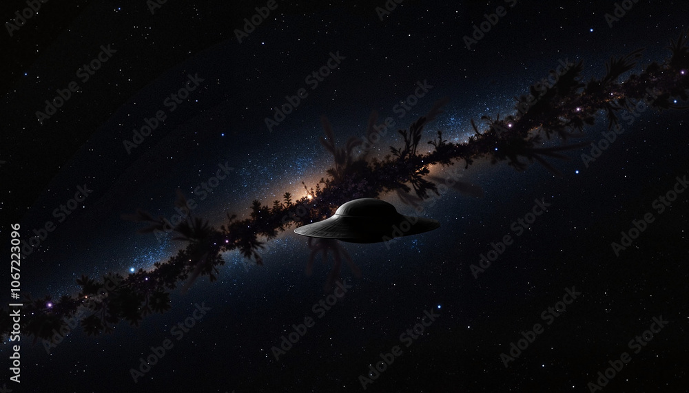 Naklejka premium UFO flying through starry night sky with Milky Way