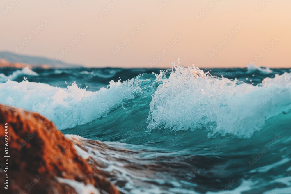 Fototapeta premium A serene seascape featuring rolling waves crashing against rocks during sunset. A perfect capture of nature's beauty and tranquility.