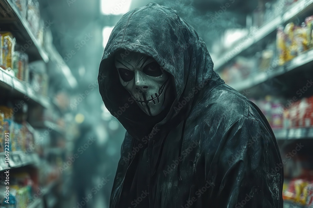 a thief dressed in a mask and hoodie cleverly pilfering snacks from a dimly lit store aisle the atmosphere thick with suspense and fear as shadows play across the scene a thief dressed in a mask and hoodie cleverly pilfering snacks from a dimly lit store aisle the atmosphere thick with suspense and fear as shadows play across the scene