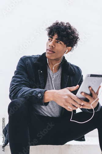 Black student with tablet listening to music