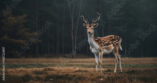 Majestic deer in serene forest landscape at dusk photo