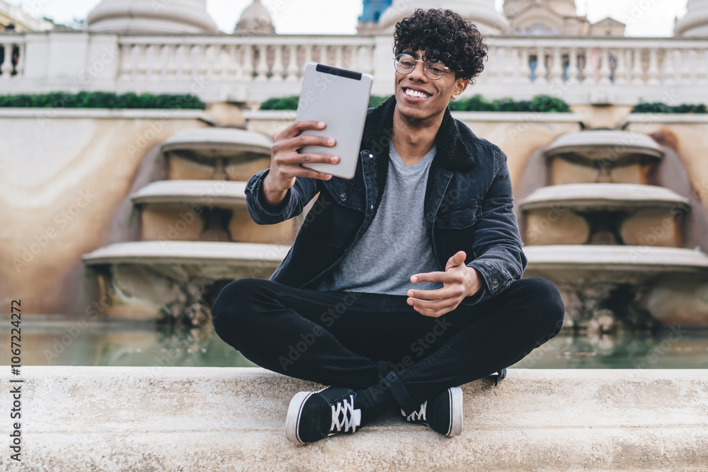 Black man taking selfie with tablet Black man taking selfie with tablet