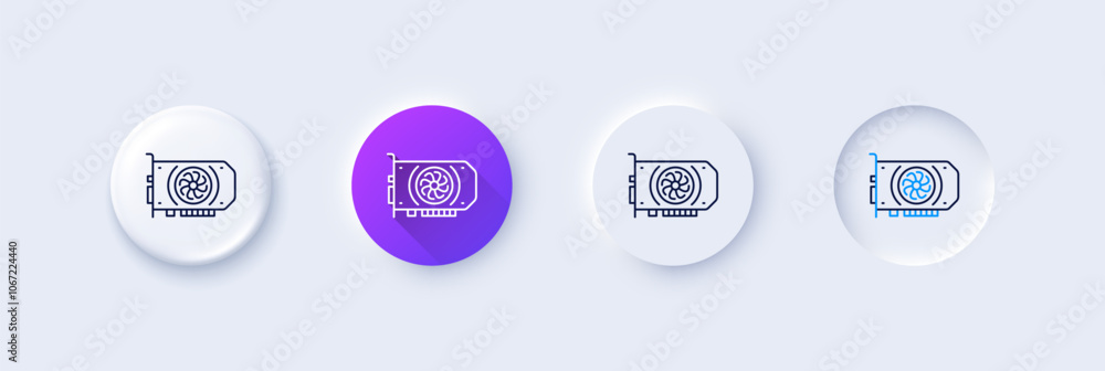 Gpu graphic card line icon. Neumorphic, Purple gradient, 3d pin buttons. Computer component hardware sign. Line icons. Neumorphic buttons with outline signs. Vector Gpu graphic card line icon. Neumorphic, Purple gradient, 3d pin buttons. Computer component hardware sign. Line icons. Neumorphic buttons with outline signs. Vector