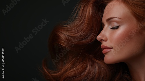 Serene woman with flowing auburn hair in profile. Hair care and beauty