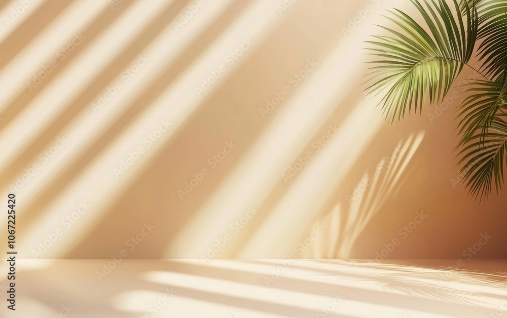 Elegant interior scene featuring soft shadows and lush palm leaves, perfect for a tropical or natural design aesthetic. Elegant interior scene featuring soft shadows and lush palm leaves, perfect for a tropical or natural design aesthetic.