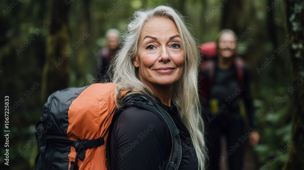 Smiling senior woman with backpack hiking in a forested trail alongside a group of fellow hikers, enjoying outdoor adventure and nature.
Smiling senior woman with backpack hiking in a forested trail alongside a group of fellow hikers, enjoying outdoor adventure and nature.