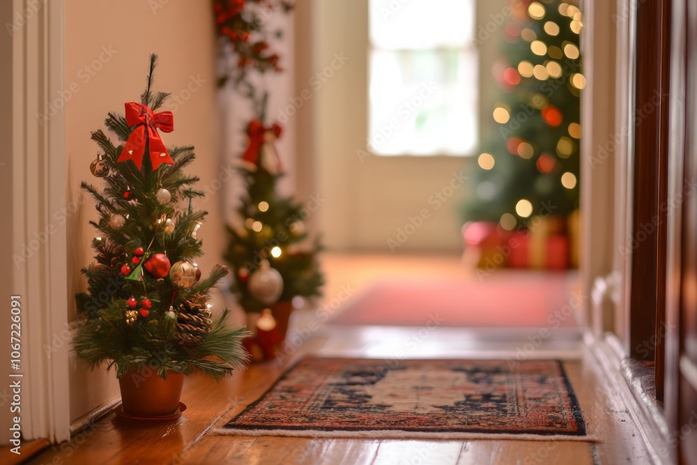Miniature Christmas trees in hallway