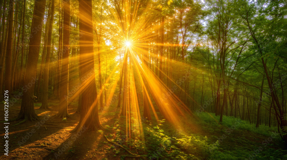 Sunlight streaming through forest trees in lush greenery Sunlight streaming through forest trees in lush greenery