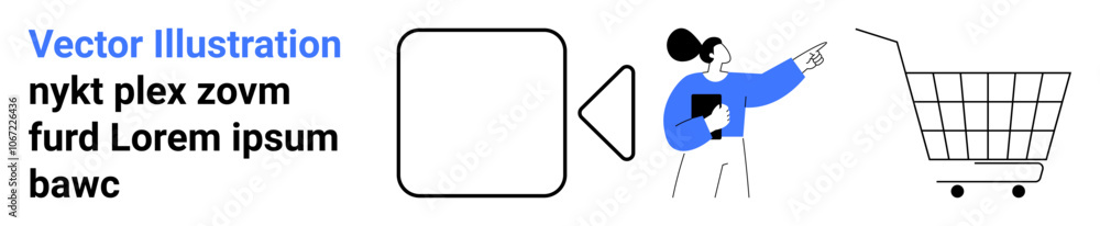 Businesswoman in blue sweater pointing at shopping cart next to abstract shape and text. Ideal for e-commerce, business, retail, marketing, presentations, infographics, educational content. Banner Businesswoman in blue sweater pointing at shopping cart next to abstract shape and text. Ideal for e-commerce, business, retail, marketing, presentations, infographics, educational content. Banner