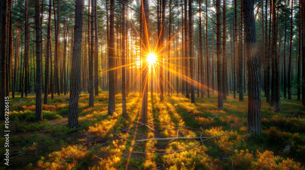 Naklejka premium Sunlight breaking through pine trees in a tranquil forest landscape