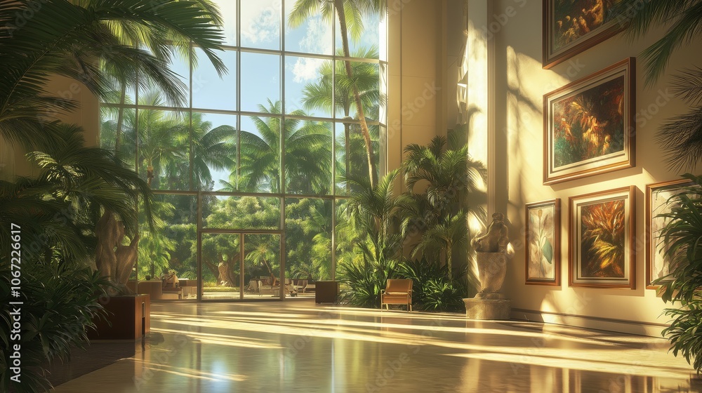 Luxurious Lobby with Tropical Plants and Large Windows Providing a Sunny Oasis Luxurious Lobby with Tropical Plants and Large Windows Providing a Sunny Oasis
