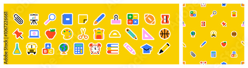 Colorful back to school sticker seamless pattern set. Modern education icon background, fun study concept wallpaper print. Children stationery texture, art supplies symbol design.