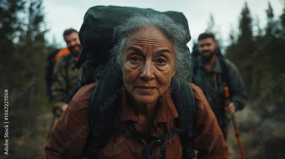 Fototapeta premium Smiling senior woman with backpack hiking in a forested trail alongside a group of fellow hikers, enjoying outdoor adventure and nature. 