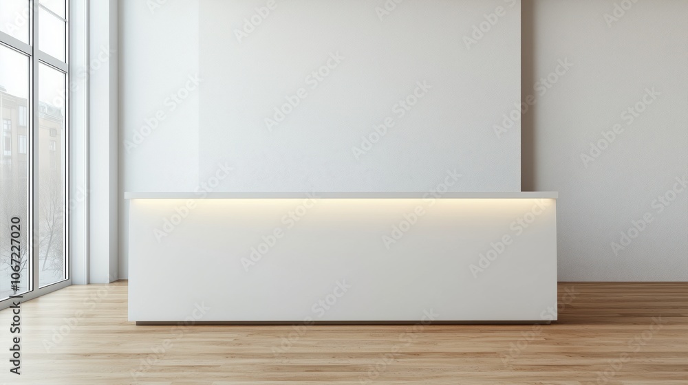 Fototapeta premium Modern Reception Desk in Minimalist Office Space with Large Windows and Wooden Flooring