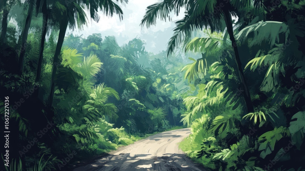 Jungle Road - Road cutting through dense jungle, perfect for capturing the beauty of tropical landscapes. Jungle Road - Road cutting through dense jungle, perfect for capturing the beauty of tropical landscapes.