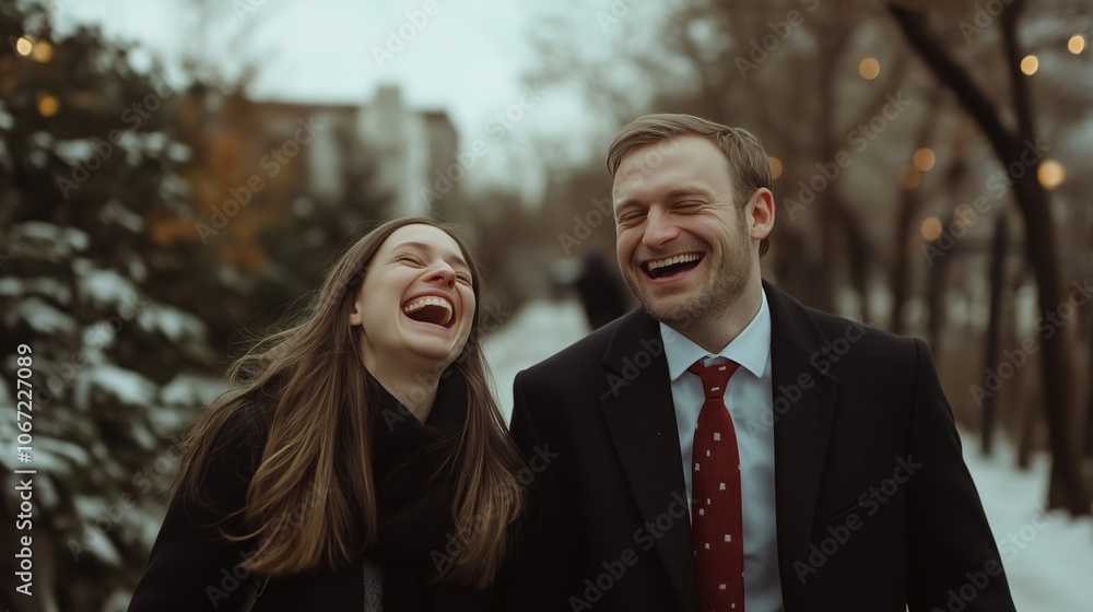 Couple laughing in winter park with snow. Valentine's Day joy concept Couple laughing in winter park with snow. Valentine's Day joy concept