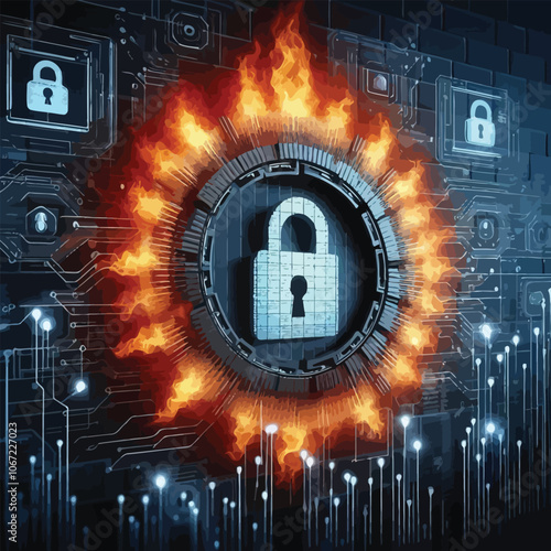  firewall graphic with flames representing cybersecurity